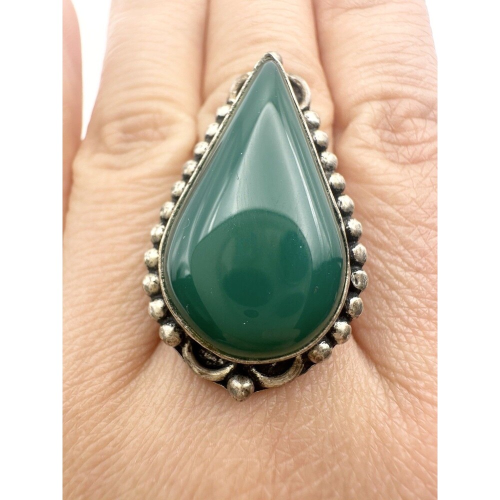 Silver Tone Teardrop Green Onyx Statement Ring Size 6